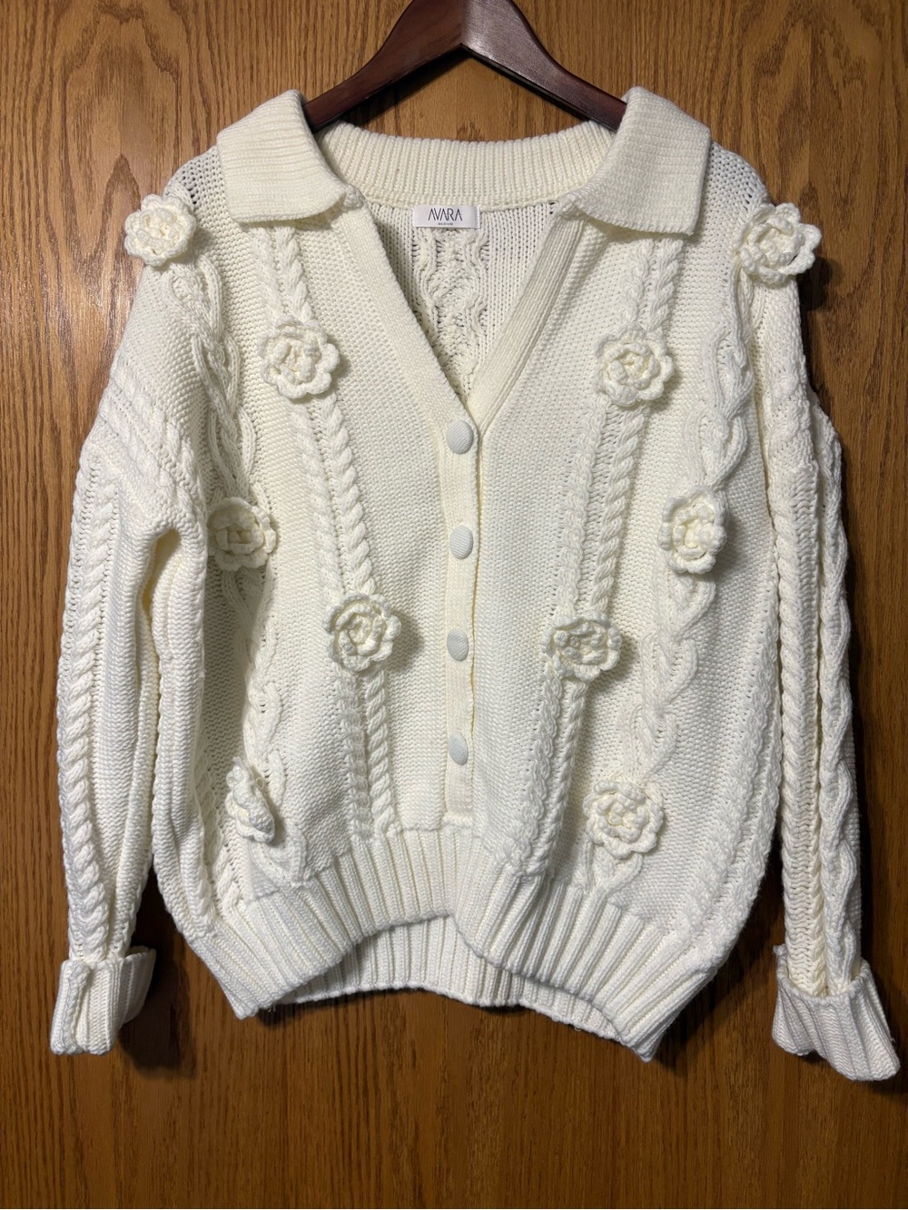 Anna Ivory Cable Knit Cardigan with Flower Appliqués